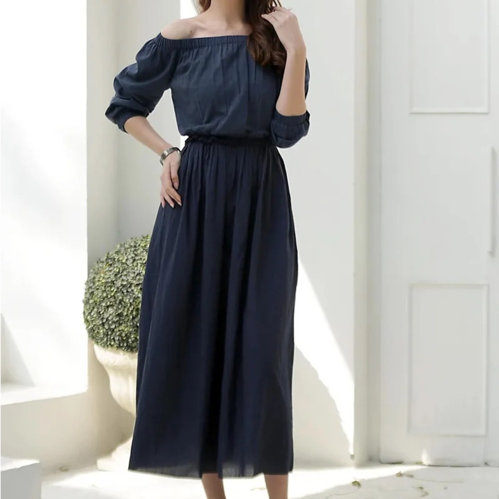 NOVICA Navy maxi off the shoulder Gathered Waist Dress medium